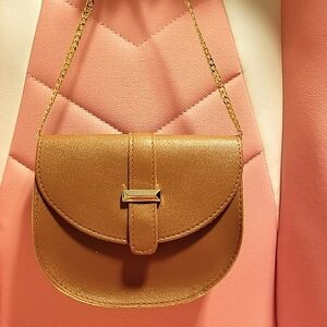 Mini brown handbag with golden chain handle.